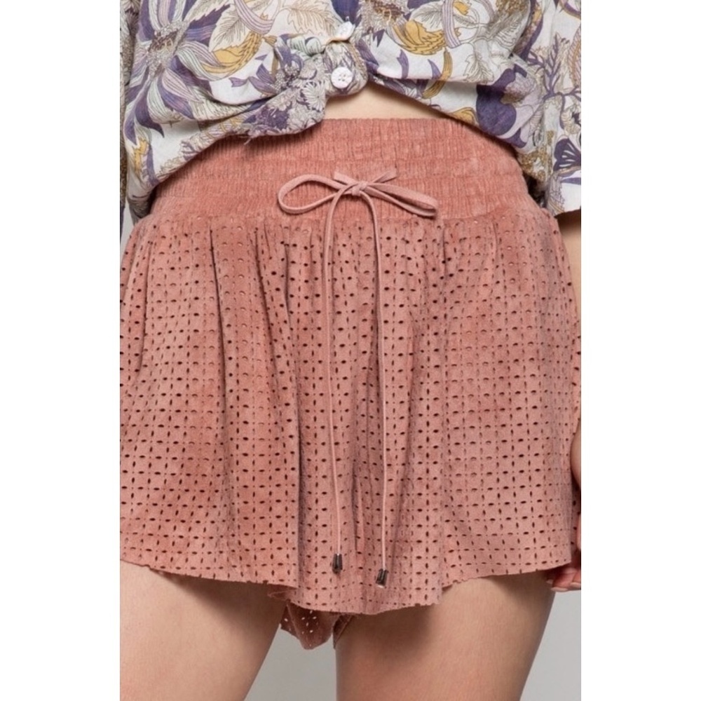 POL Dusty Pink Vegan Suede Smocked Waist Relaxed Fit Shorts - Picture 7 of 11